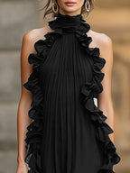 Midnight Elegance Ruffled Halter Pleated Chiffon Maxi Gown