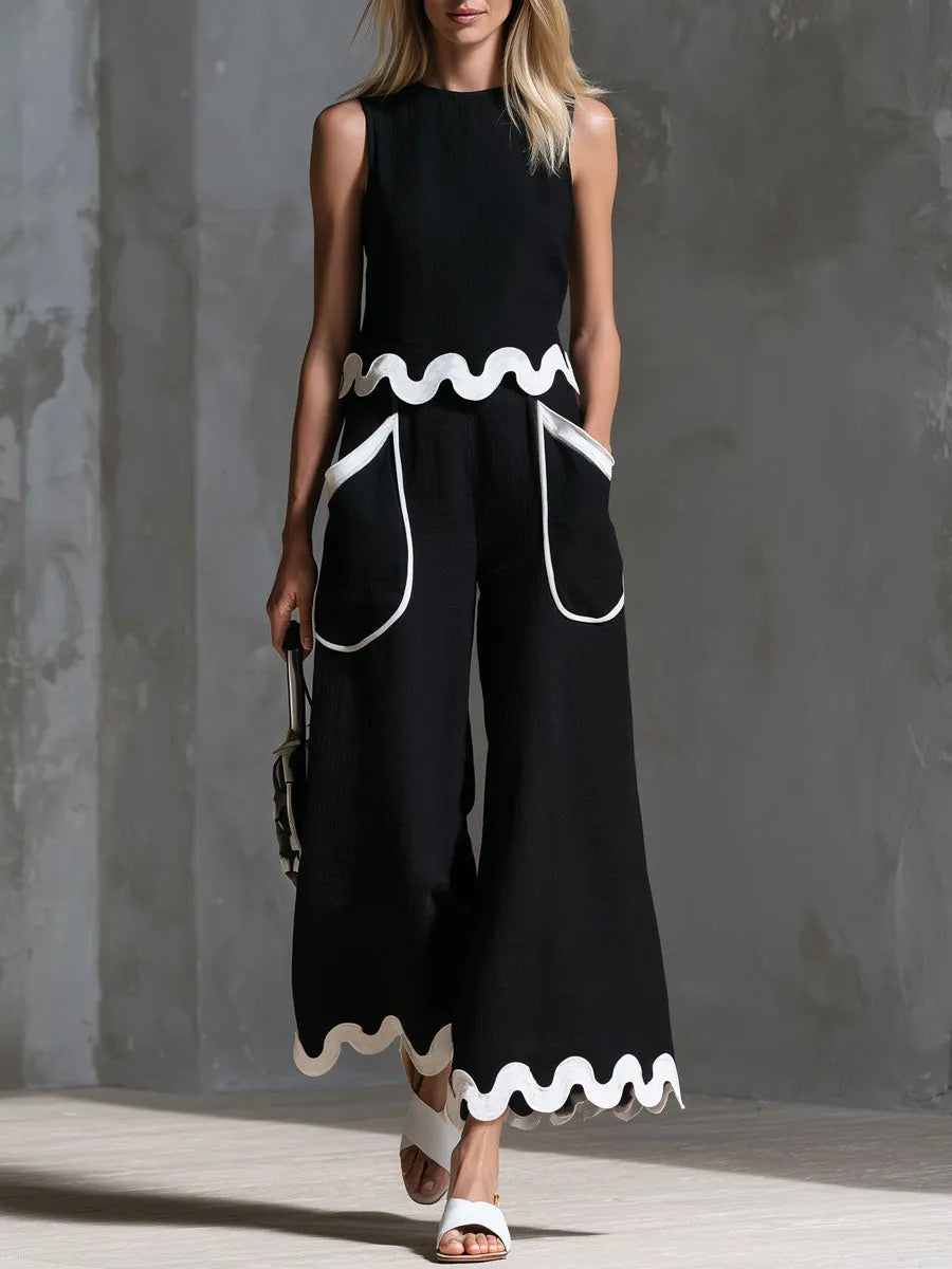 Retro Color-blocked Wavy-trimmed Black Sleeveless Cotton-linen Top And Pants Set