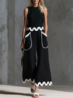 Retro Color-blocked Wavy-trimmed Black Sleeveless Cotton-linen Top And Pants Set