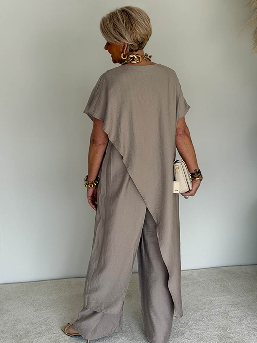 Women's Cozy Loose Fit Asymmetrical Two-Piece Set - Casual Retro Cotton Blend Outfit