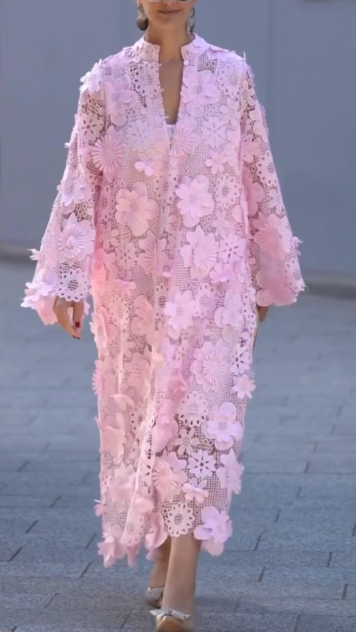 V Neck  3D Floral Lace Kaftan Maxi Dress