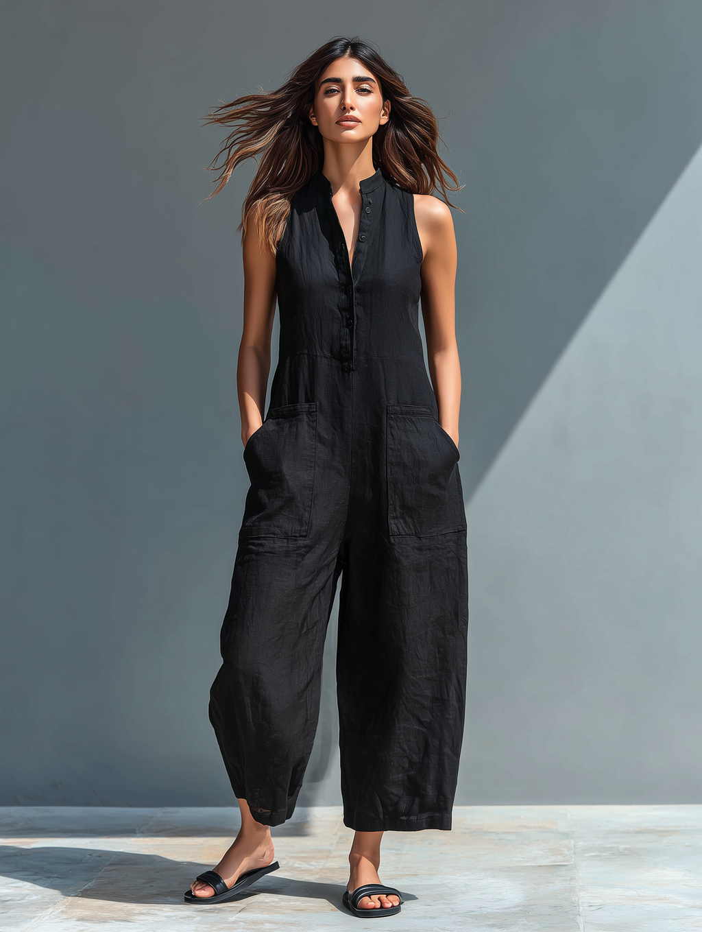 Women's Minimalist Linen Blend Button-up Stand-collar Sleeveless Loose Jumpsuit MDZ2725A5Y