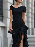 Asymmetric One-Shoulder Ruffle Slit Evening Dress