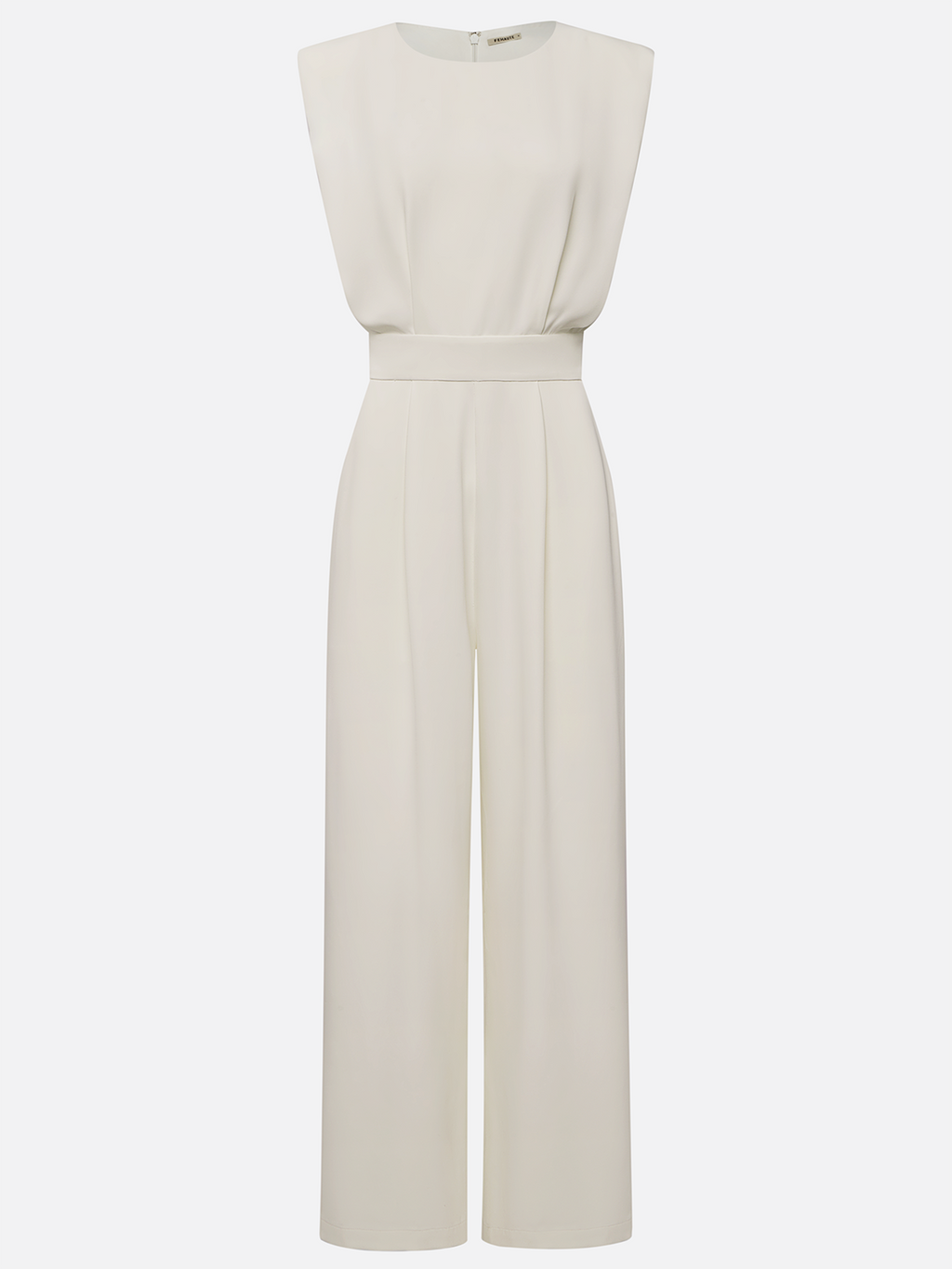 Women Off White Crew Neck Sleeveless Dressy Jumpsuit With Pockets