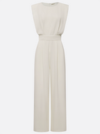 Women Off White Crew Neck Sleeveless Dressy Jumpsuit With Pockets
