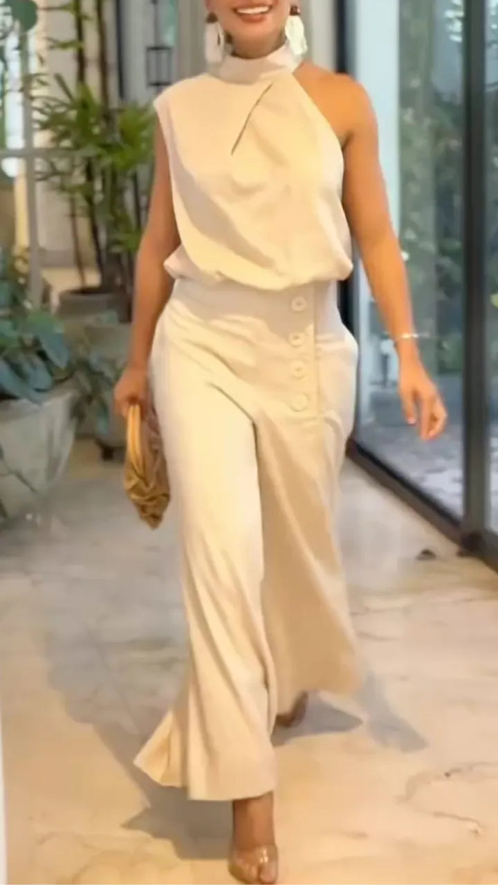 Cream Satin Halter 2 Piece Wide Leg Pant Set