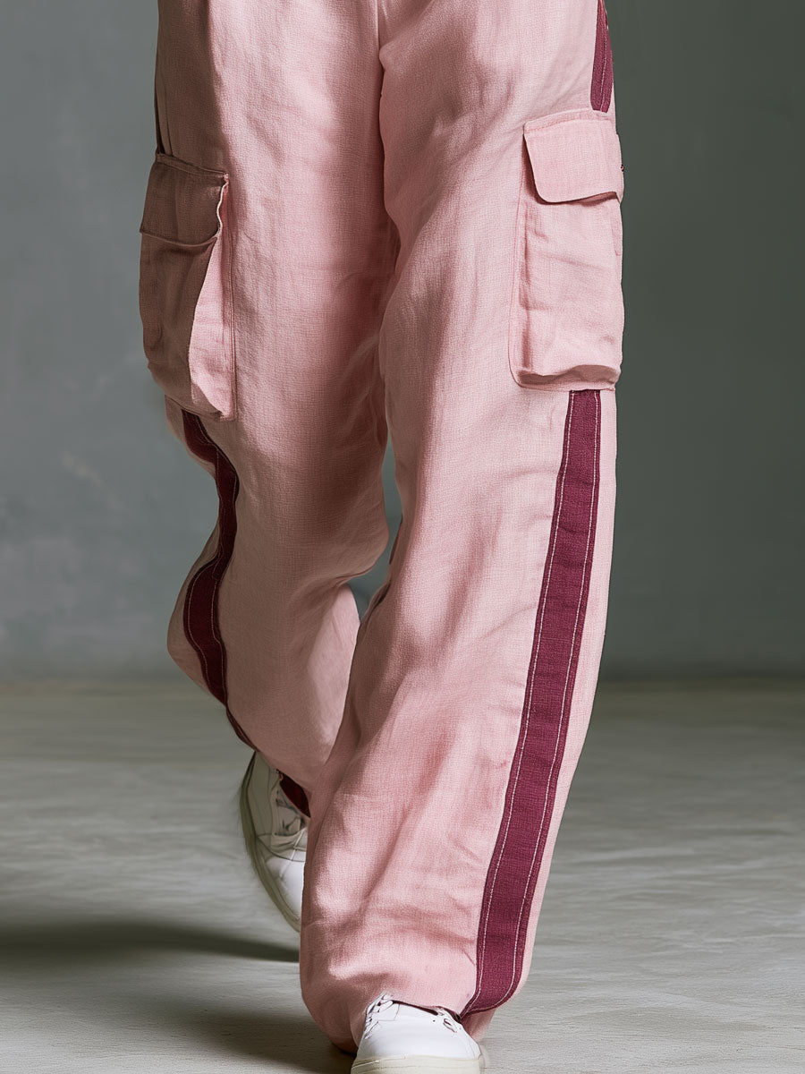 Retro Casual Color-blocked Pink Cotton-linen Shirt And Trousers Set