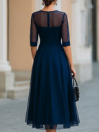 Navy Blue Sheer Overlay Fit-and-Flare Midi Dress