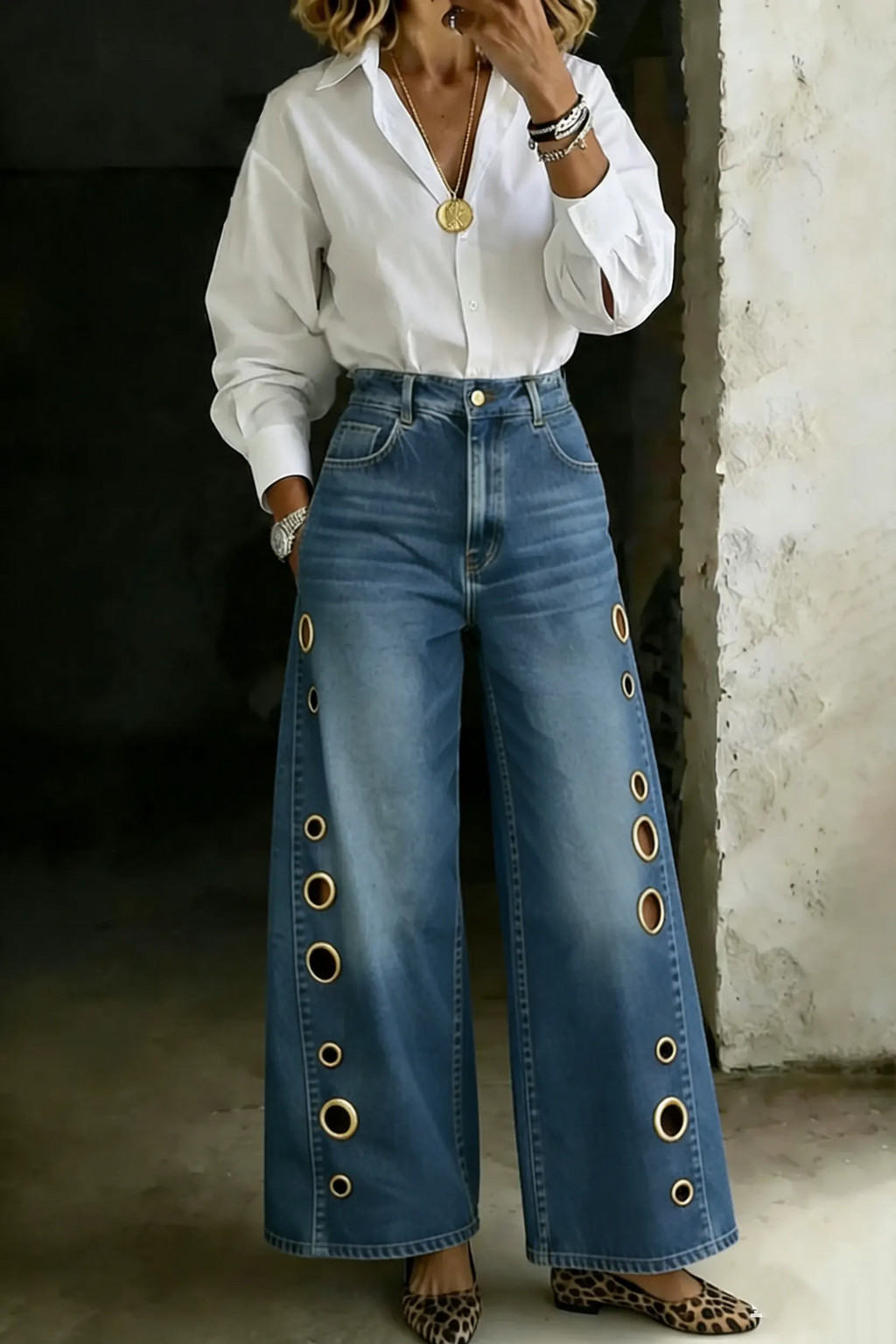 Women's Fashion Design New High-waisted Casual Loose Wide-leg Jeans