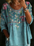 Women's Vintage Floral Casual Loose Denim Blouse Shirt