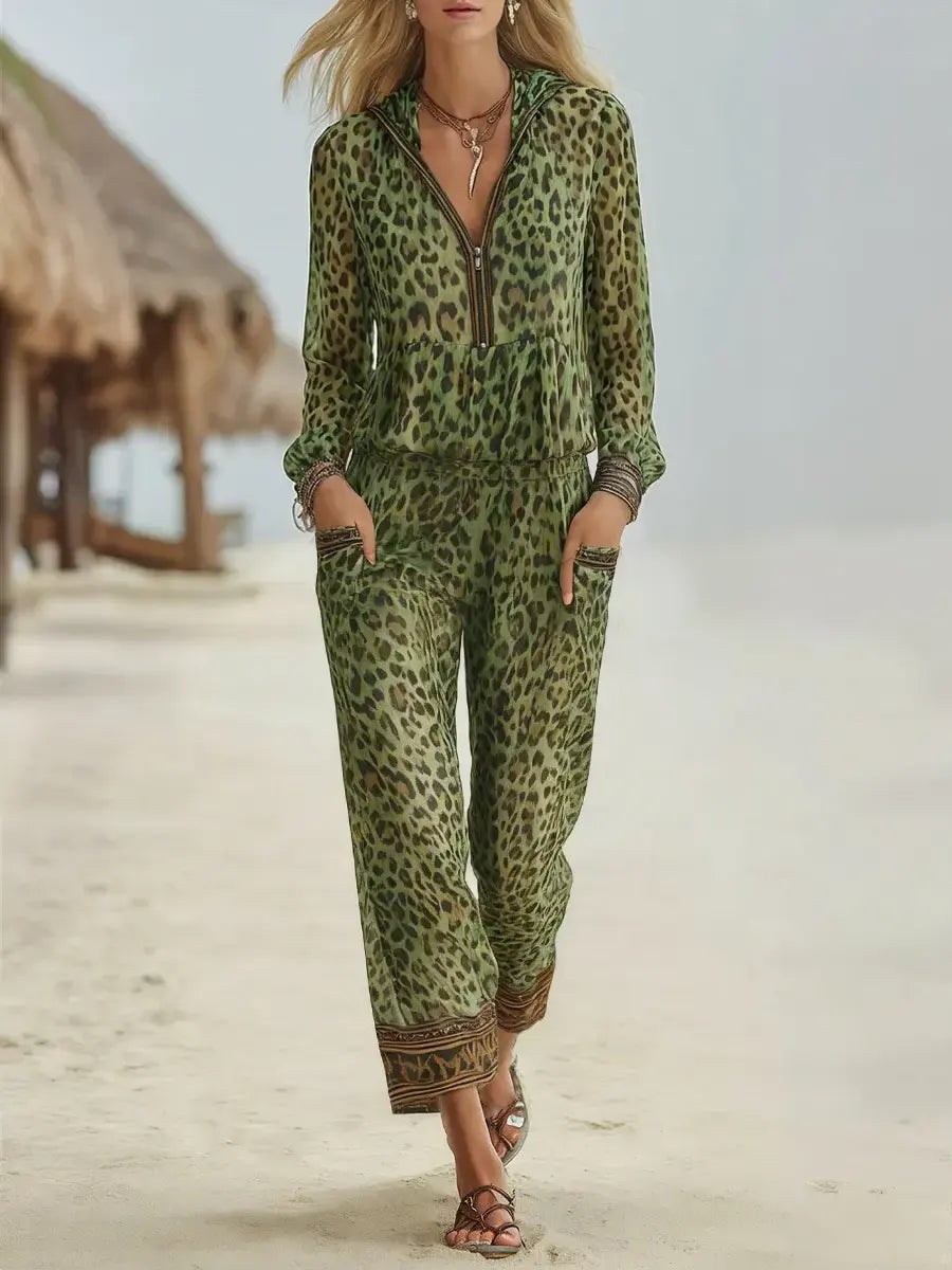 Women's Retro Leopard Art Print Hooded Zip Casual Jumpsuit