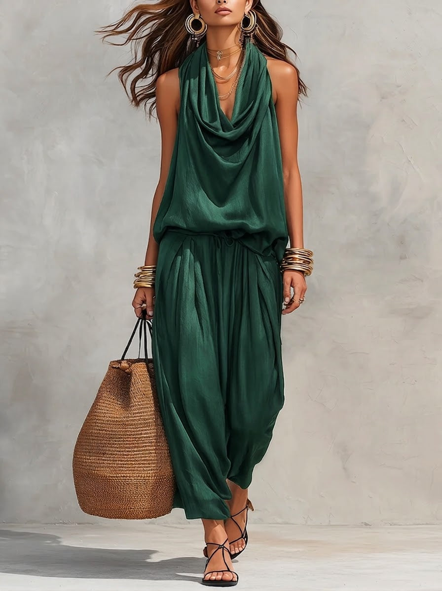 Cozy Elegant Draped Sleeveless Top And Pants Two-piece Set