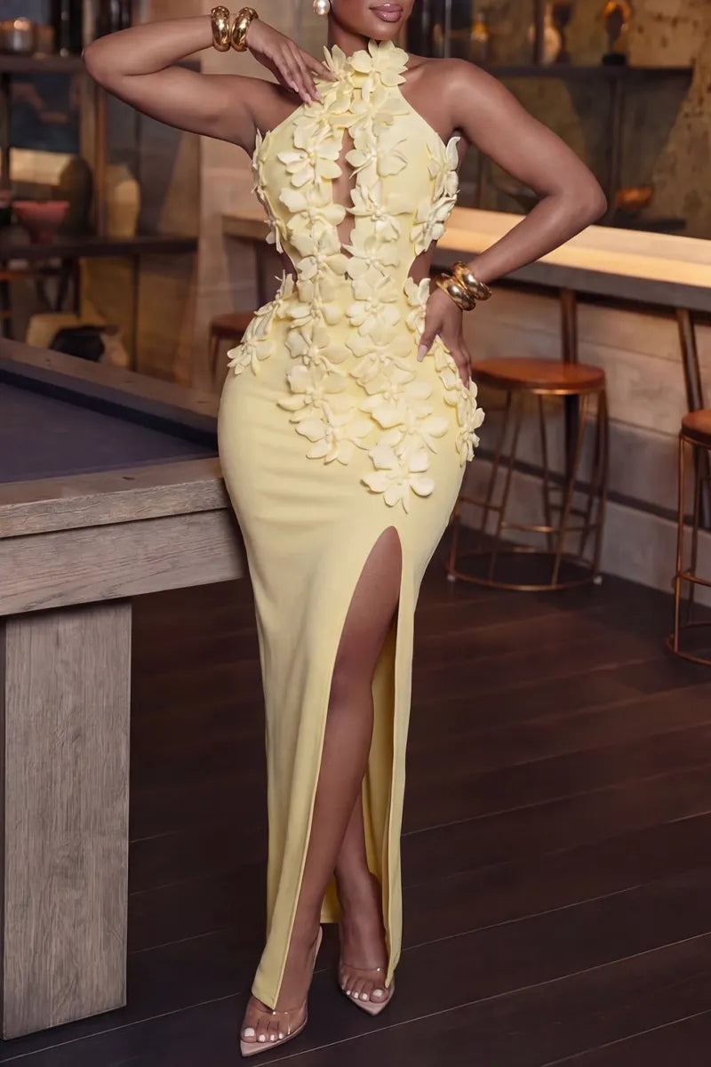 Women's Elegant Floral Trim Slit Hem Dress