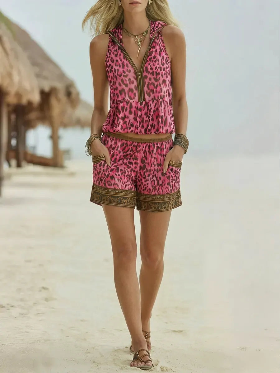 Women's Retro Leopard Art Print Hooded Casual Top And Pants Suits