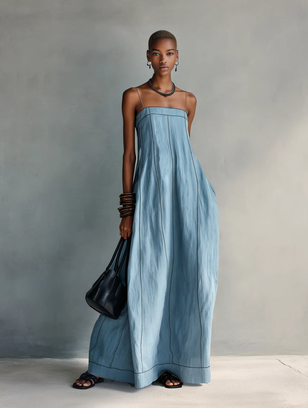 Light Blue Thin Stitch Linen Slip Maxi Dress