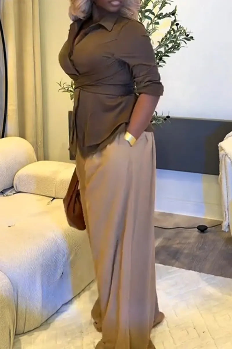 Women Collar Shirt or Solid Color Wide Leg Pants