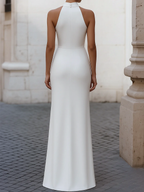 Elegant Satin Pleated Halter-Neck Evening Gown