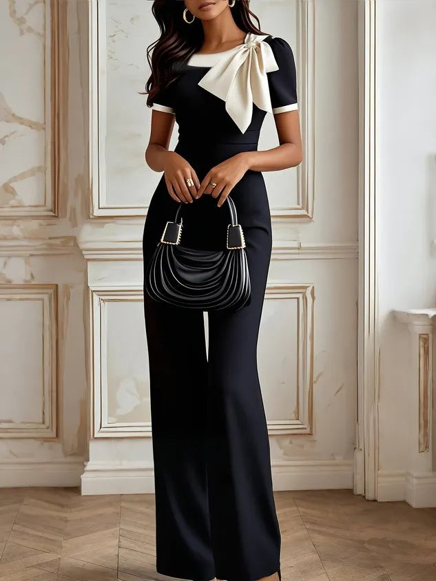 Women Black Bow Tie Neck Short Sleeve Dressy Jumpsuit