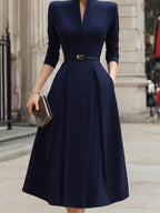 Structured Notch Neck Belted Midi Dress