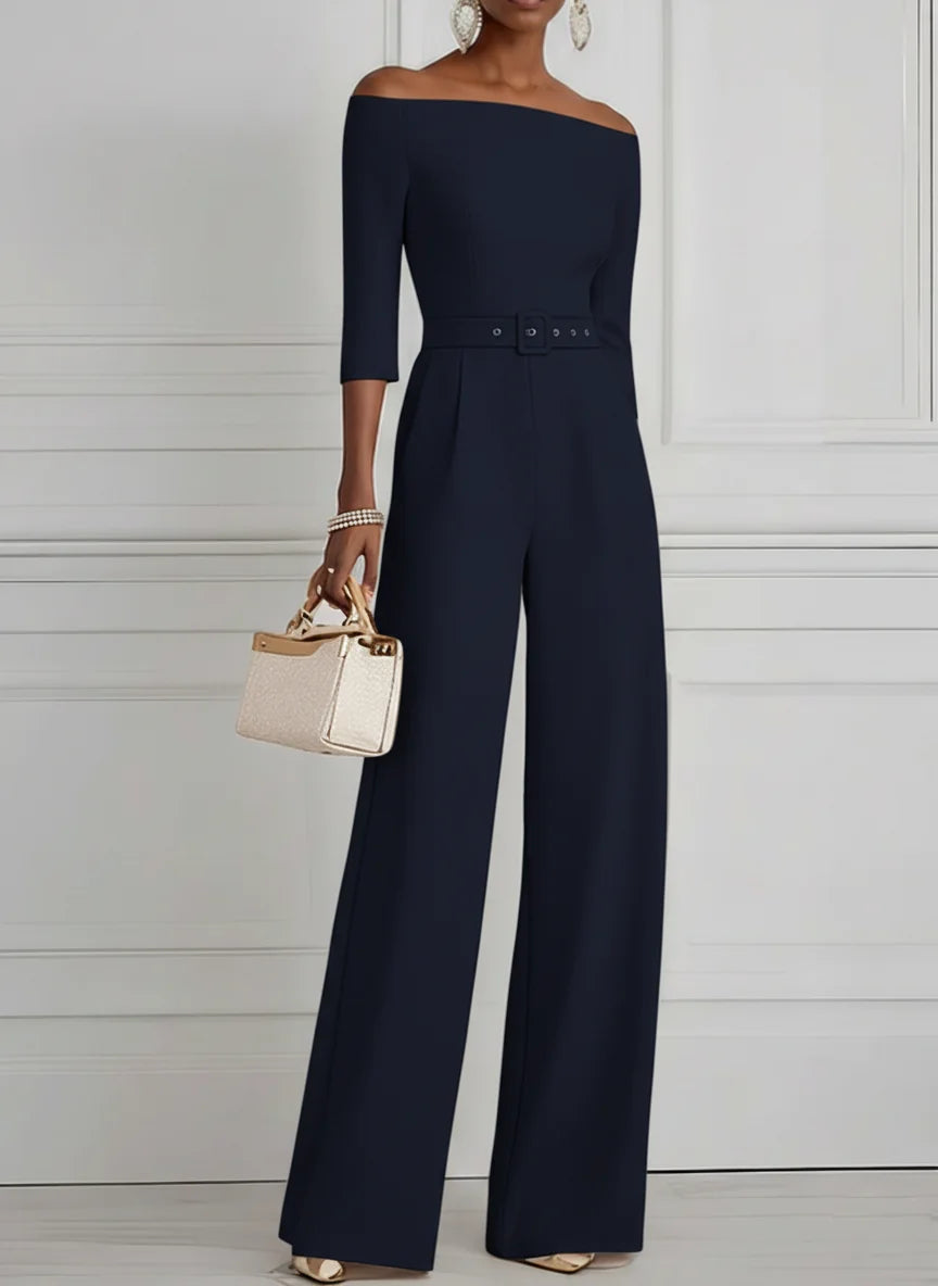 Women Navy Blue Off The Shoulder Half Sleeve Dressy Jumpsuit With Pockets