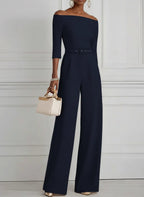 Women Navy Blue Off The Shoulder Half Sleeve Dressy Jumpsuit With Pockets
