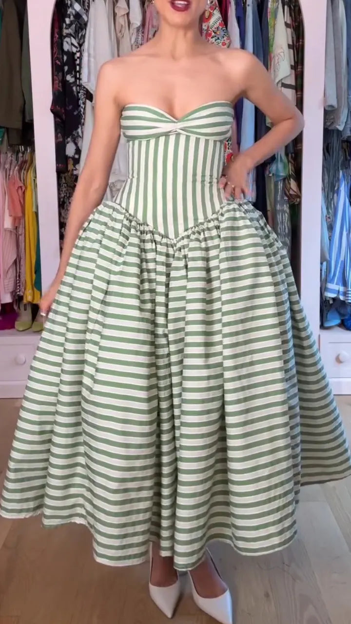 Women Strapless Patchwork Vertical Line Elegant Temperament Dress