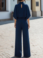 Minimalist High-Neck Draped Blouse & Wide-Leg Trouser Set