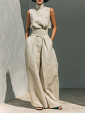 Women's Minimalist Cotton And Linen Blend Sleeveless Blouse And Wide-leg Pants Set MDZ0873A5Y