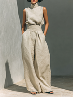 Women's Minimalist Cotton And Linen Blend Sleeveless Blouse And Wide-leg Pants Set MDZ0873A5Y