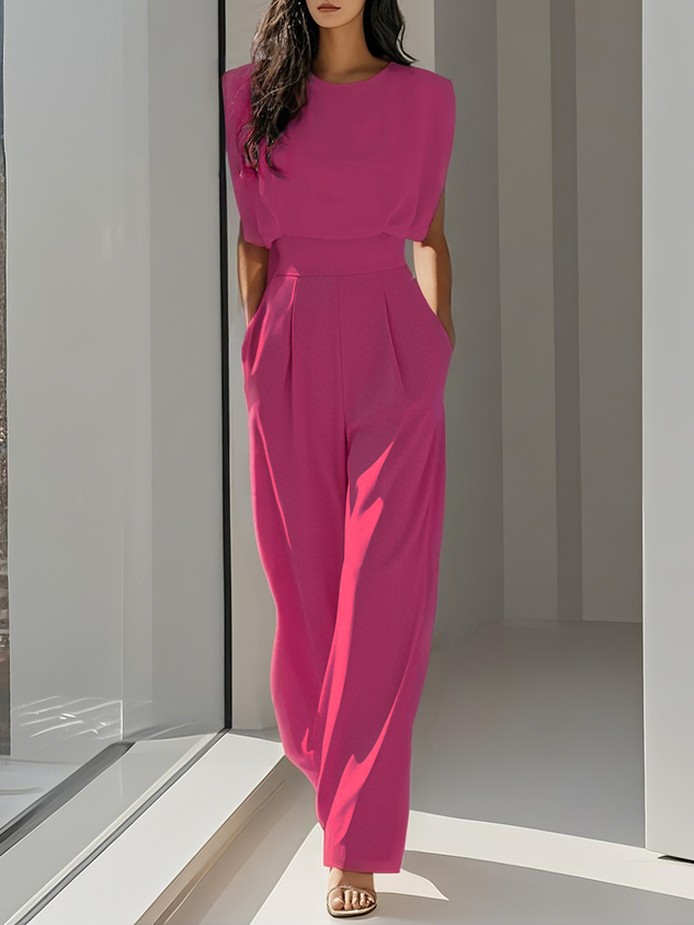 Women Off White Crew Neck Sleeveless Dressy Jumpsuit With Pockets