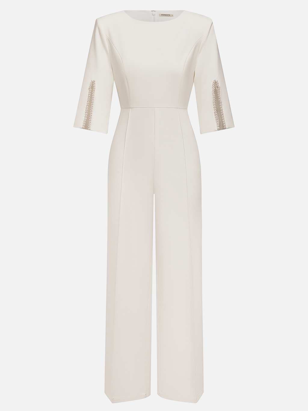 Women White Faux Pearl Slit Boat Neck Half Sleeve Dressy Jumpsuit