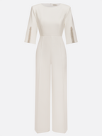 Women White Faux Pearl Slit Boat Neck Half Sleeve Dressy Jumpsuit