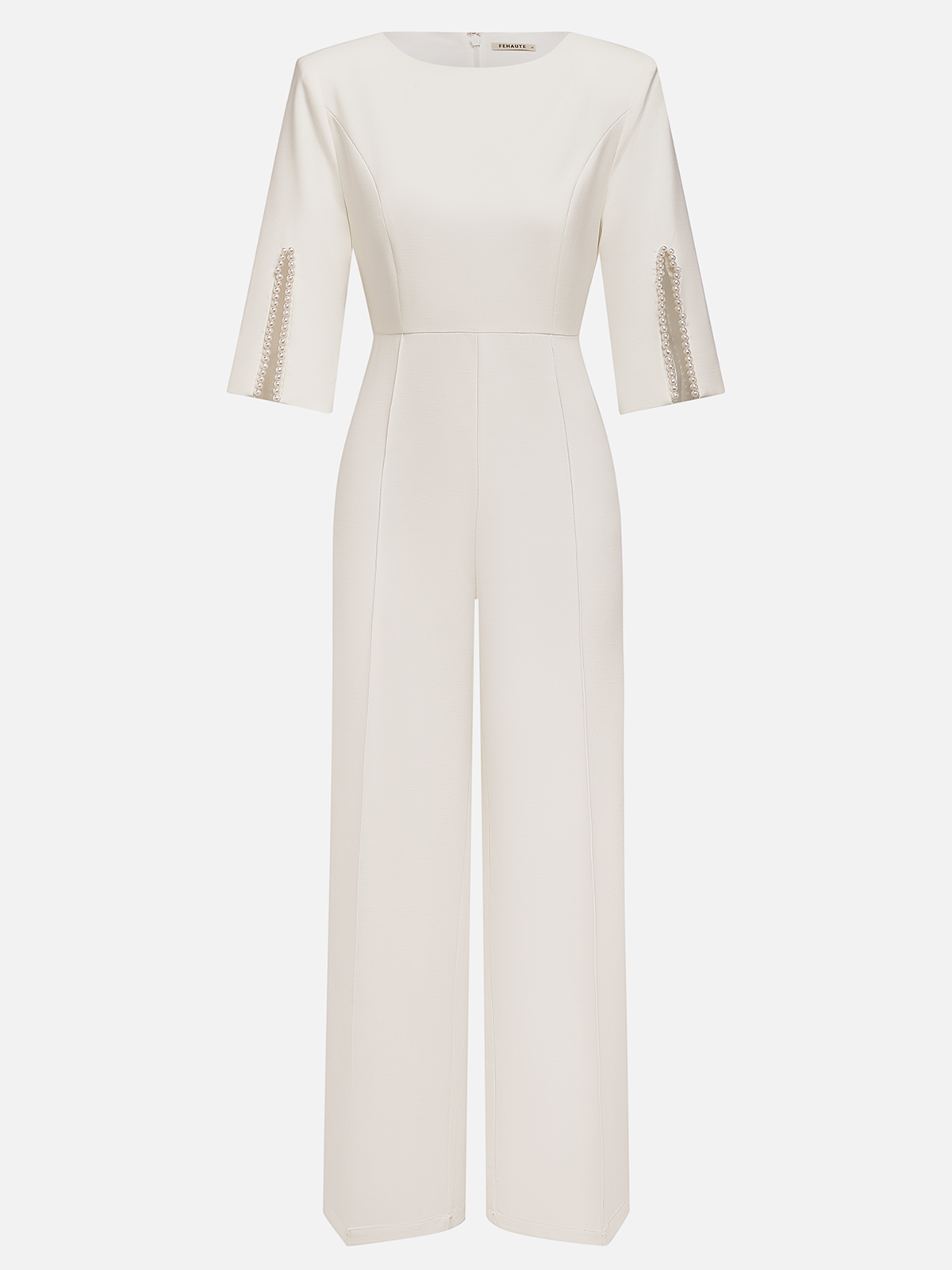 Women White Faux Pearl Slit Boat Neck Half Sleeve Dressy Jumpsuit