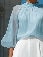 Sheer Pleated High-Neck Blouson Sleeve Blouse