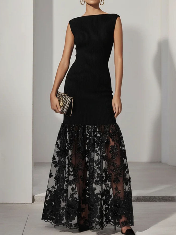 Boat Neck Black Lace Applique Knit Maxi Dress