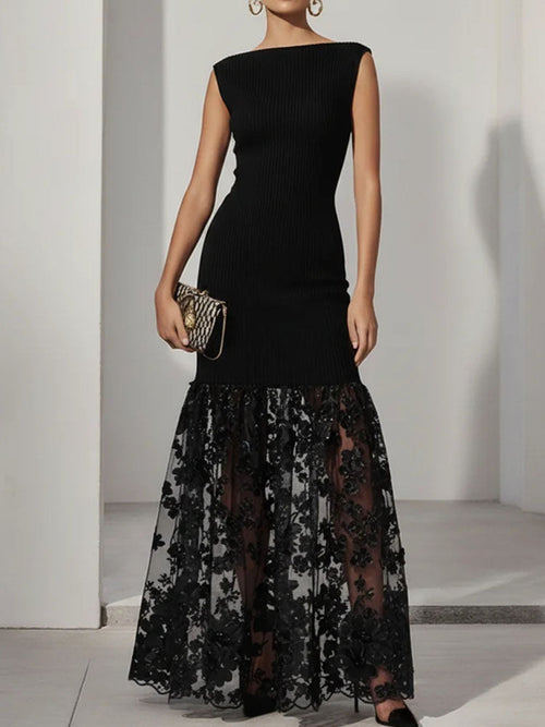 Boat Neck Black Lace Applique Knit Maxi Dress