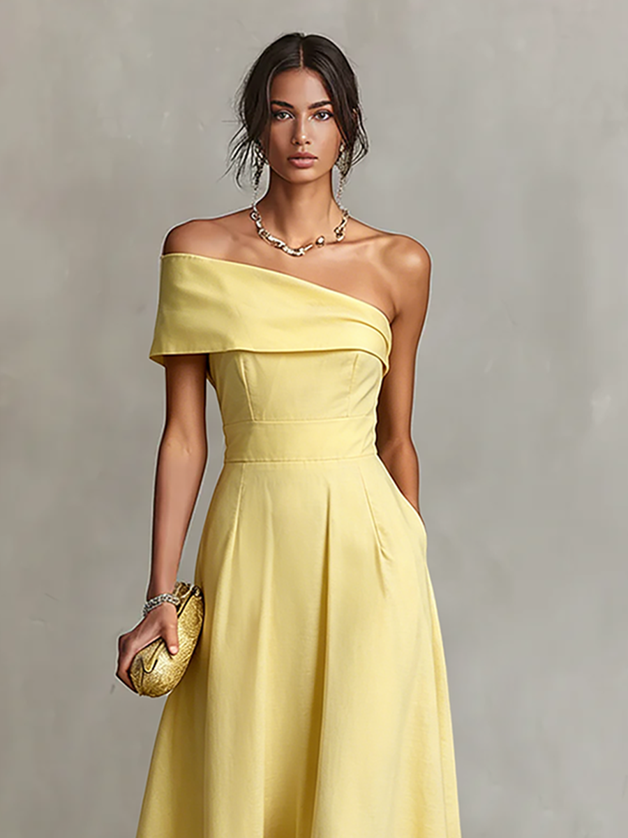 Women's Yellow Linen Dress With One-Shoulder Neckline & Fitted Waist, Timeless Elegant-Chic Style Dress MDZ2630B3I