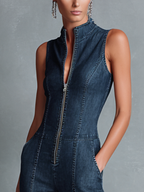 Women's Retro Style Dark Blue Denim Sleeveless High-Neck Flared Jumpsuit With Front Zipper MDZ1239B2BA