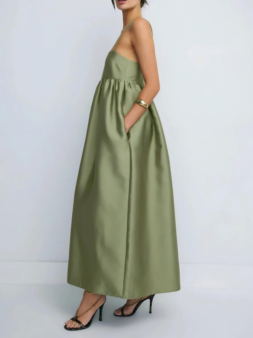 Minimalist Olive Green Babydoll Maxi Dress