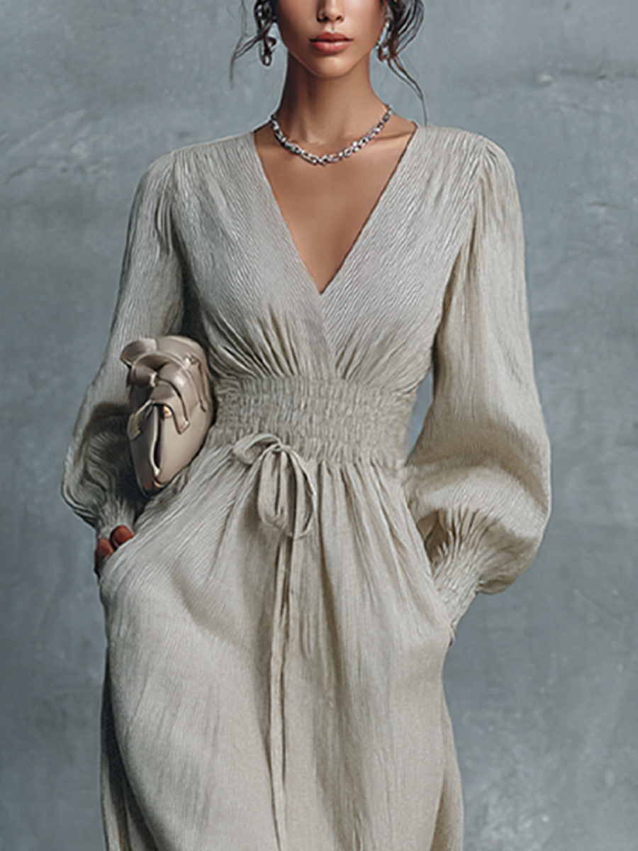 Women's Beige Cotton Linen Striped V-Neck Shirred Waist Maxi Dress MDZ0361C4BA