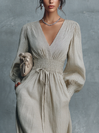 Women's Beige Cotton Linen Striped V-Neck Shirred Waist Maxi Dress MDZ0361C4BA