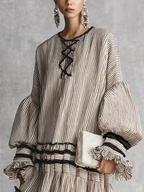 Women's Boho Striped Ruffle Tiered Cotton Blend Long Sleeve Maxi Dress MDZ1426B2BA
