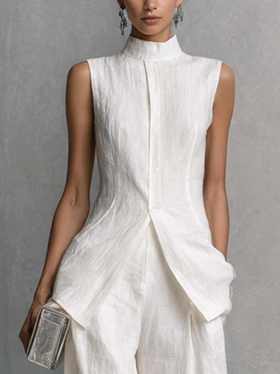 Women's Elegant White Cotton Linen Sleeveless Top and Wide-Leg Pants Set MDZ0221B1BA