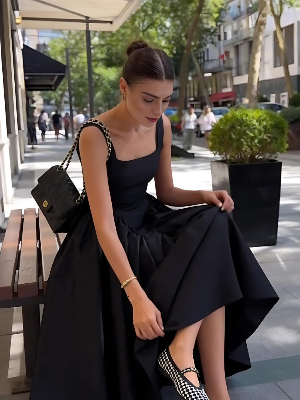 Black Square Neck Back Bow Midi Dress