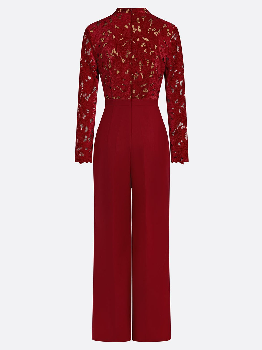 Women Wine Red Lace Flocked Mock Neck Long Sleeve Dressy Jumpsuit