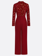 Women Wine Red Lace Flocked Mock Neck Long Sleeve Dressy Jumpsuit