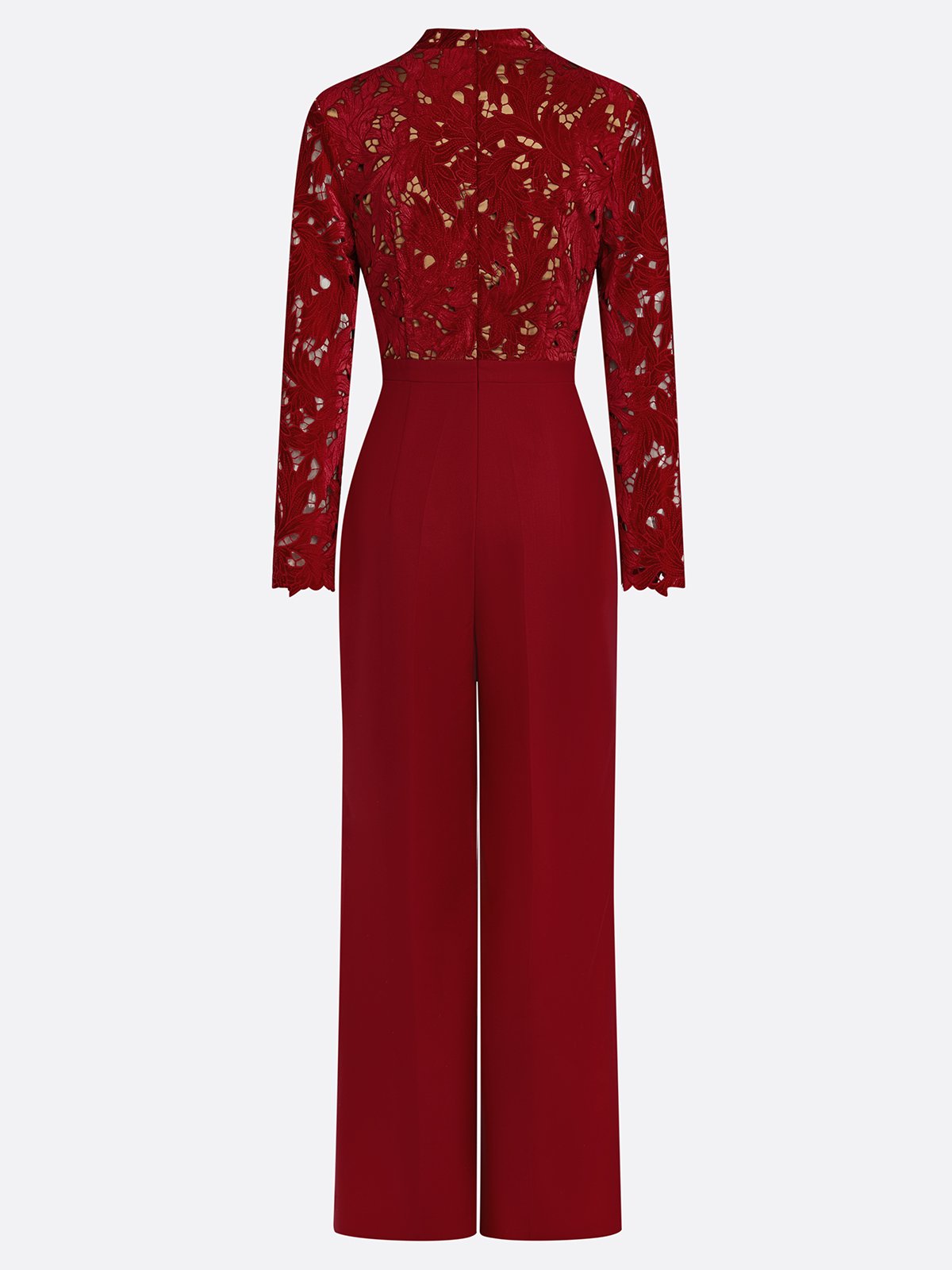 Women Wine Red Lace Flocked Mock Neck Long Sleeve Dressy Jumpsuit