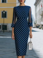Elegant Navy Blue White Polka Dot Mesh Sleeve Bodycon Midi Dress