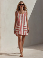 Women's Red & White Striped Linen-Blend Mini Dress With Square Neck And Patch Pockets MDZ1061F5ZRK