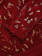 Women Wine Red Lace Flocked Mock Neck Long Sleeve Dressy Jumpsuit